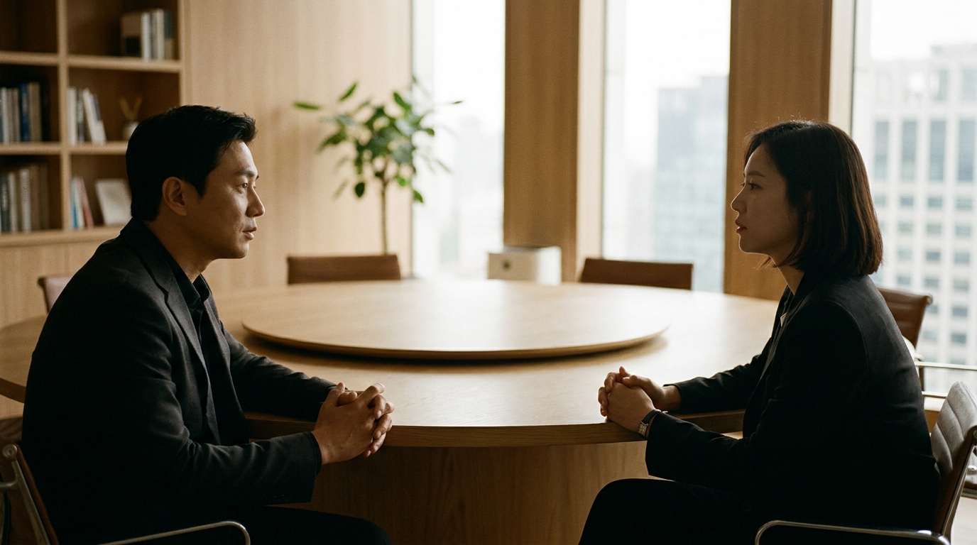 Colleagues working together in a calm, modern boardroom.