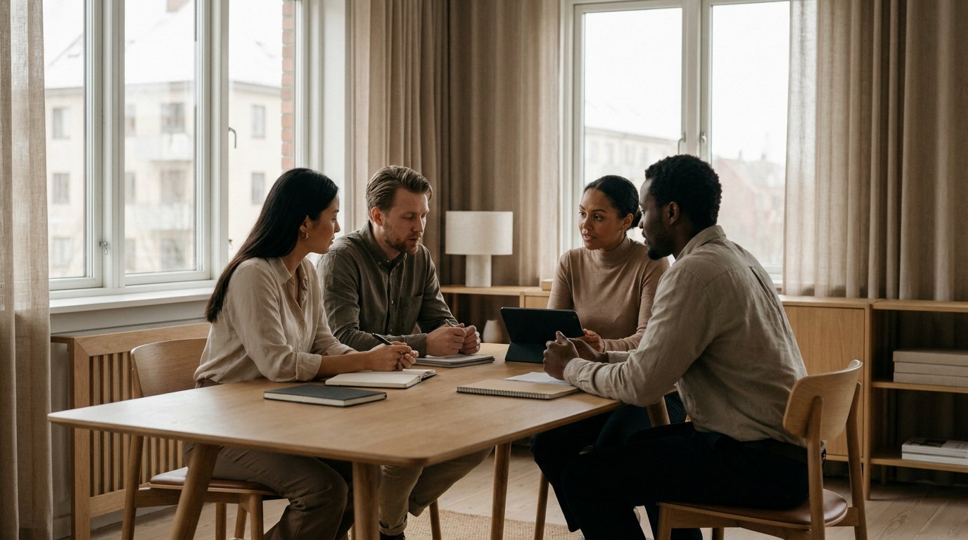 Colleagues working together in a calm, light-filled office.